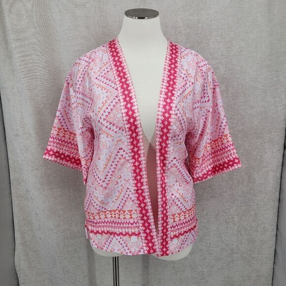 Slim Factor by Investments Plus Mosaic Tile Open Front Short Sleeve Kimono Pink - Picture 3 of 13